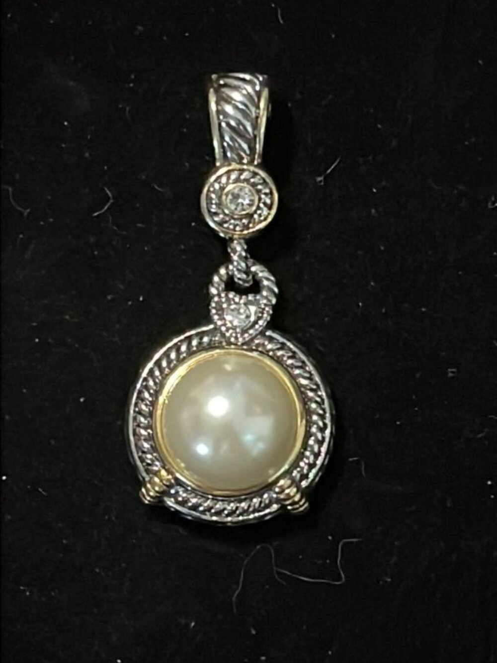 Large Faux Pearl Framed by Silver Tone Rope Frame Pendant